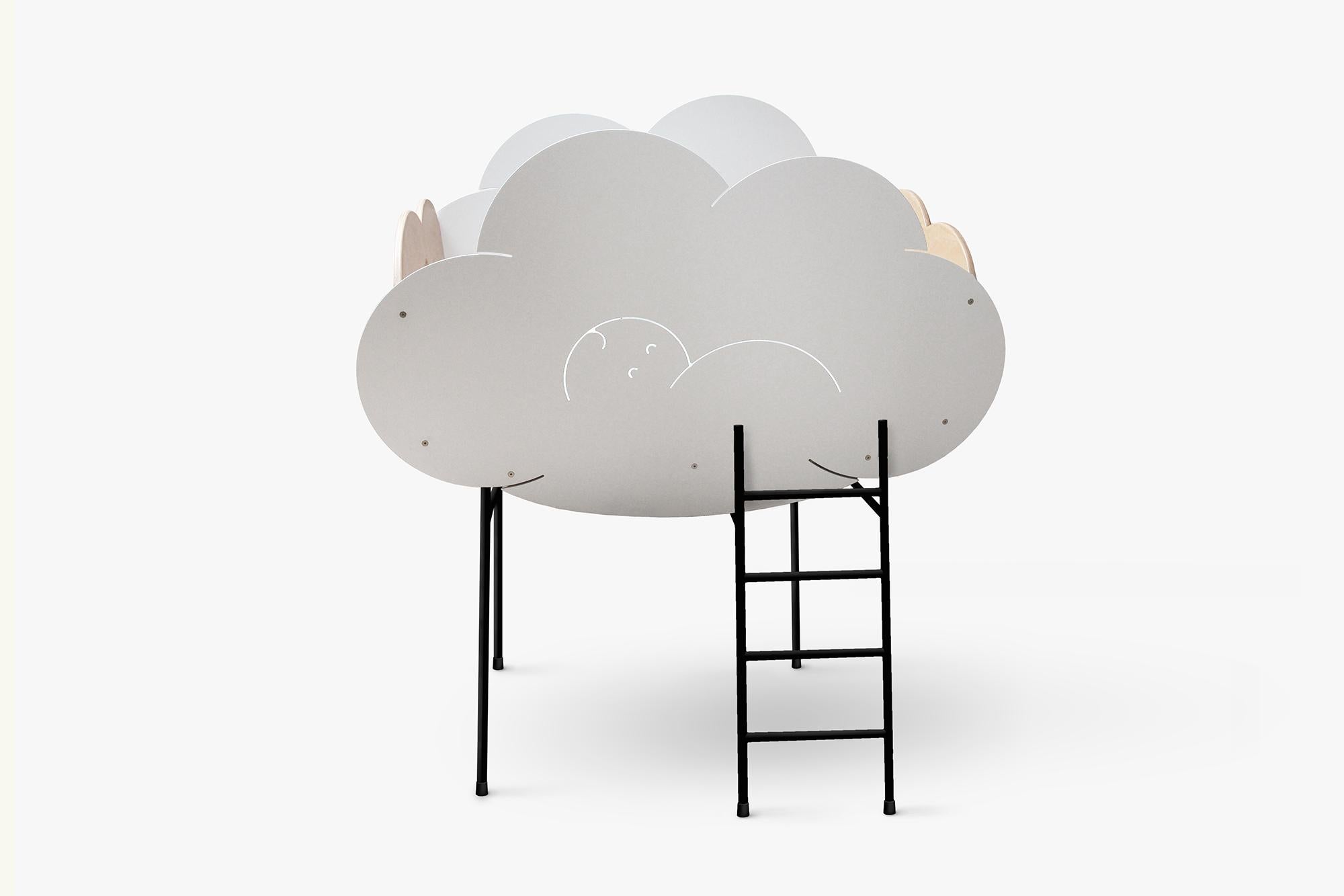 A nice little cloud to cradle the baby during his first dreams.
When it is resting on the floor it rocks back and forth favouring the child's movements.
It becomes a box for games when the child grows up.
The sides are in aluminum while the