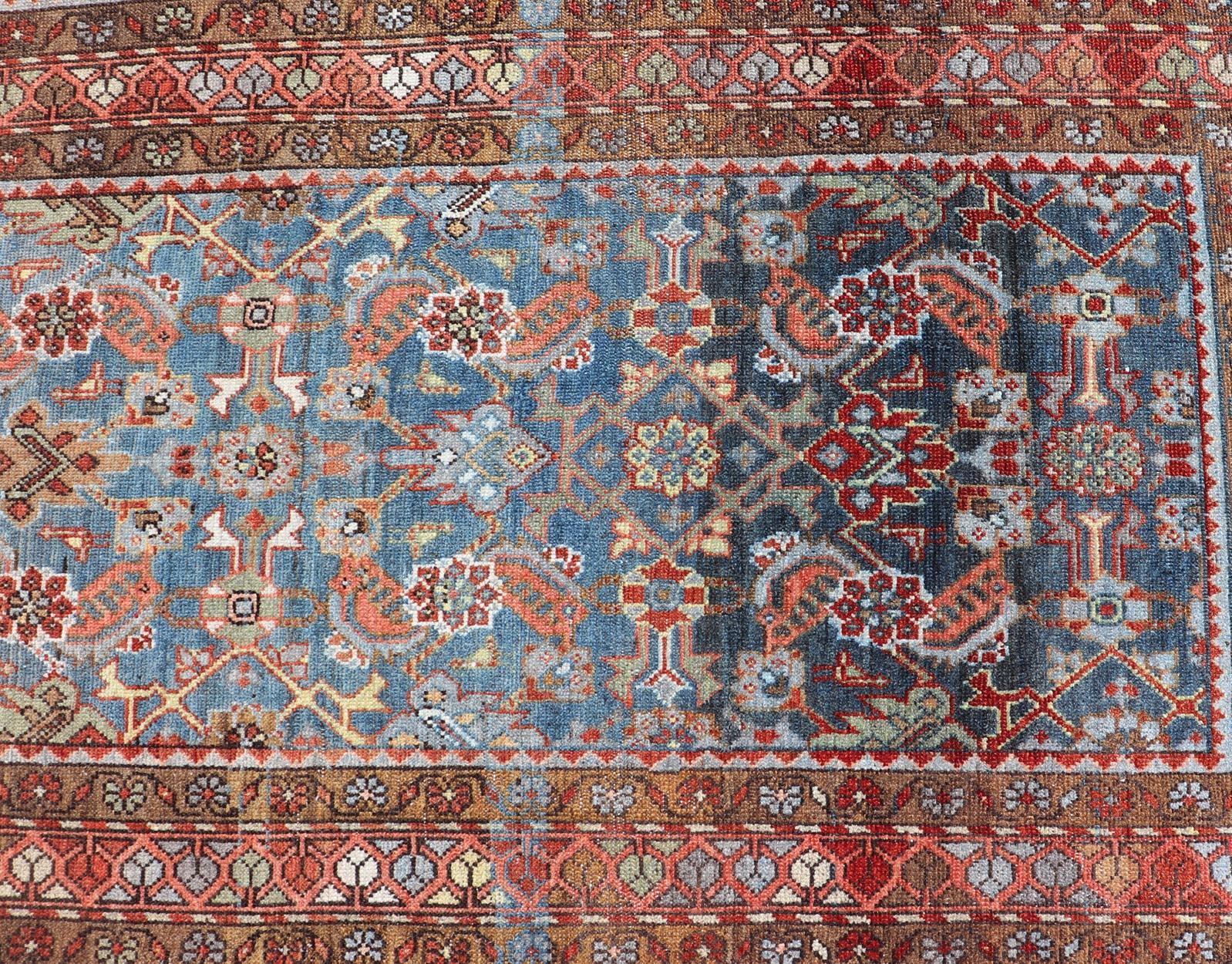N.W. Persian Antique Runner with Geometric Florals Set on a Blue Field For Sale 3