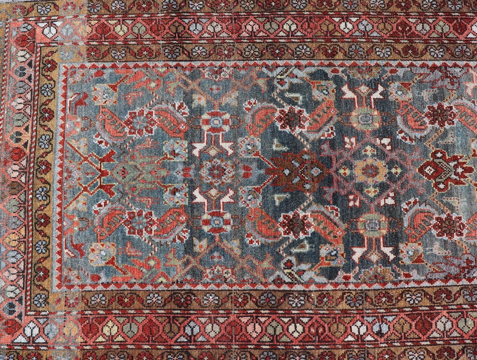 N.W. Persian Antique Runner with Geometric Florals Set on a Blue Field For Sale 4