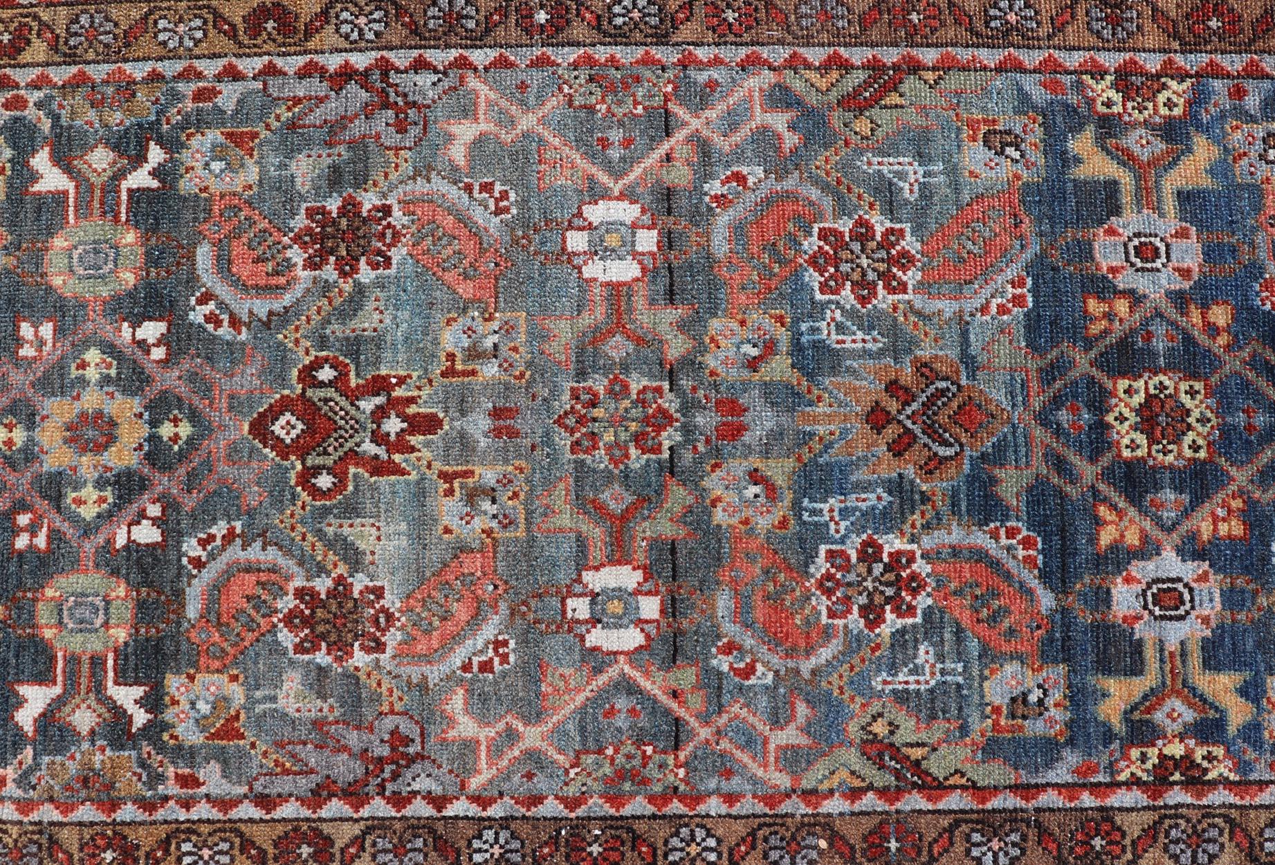 N.W. Persian Antique Runner with Geometric Florals Set on a Blue Field For Sale 5