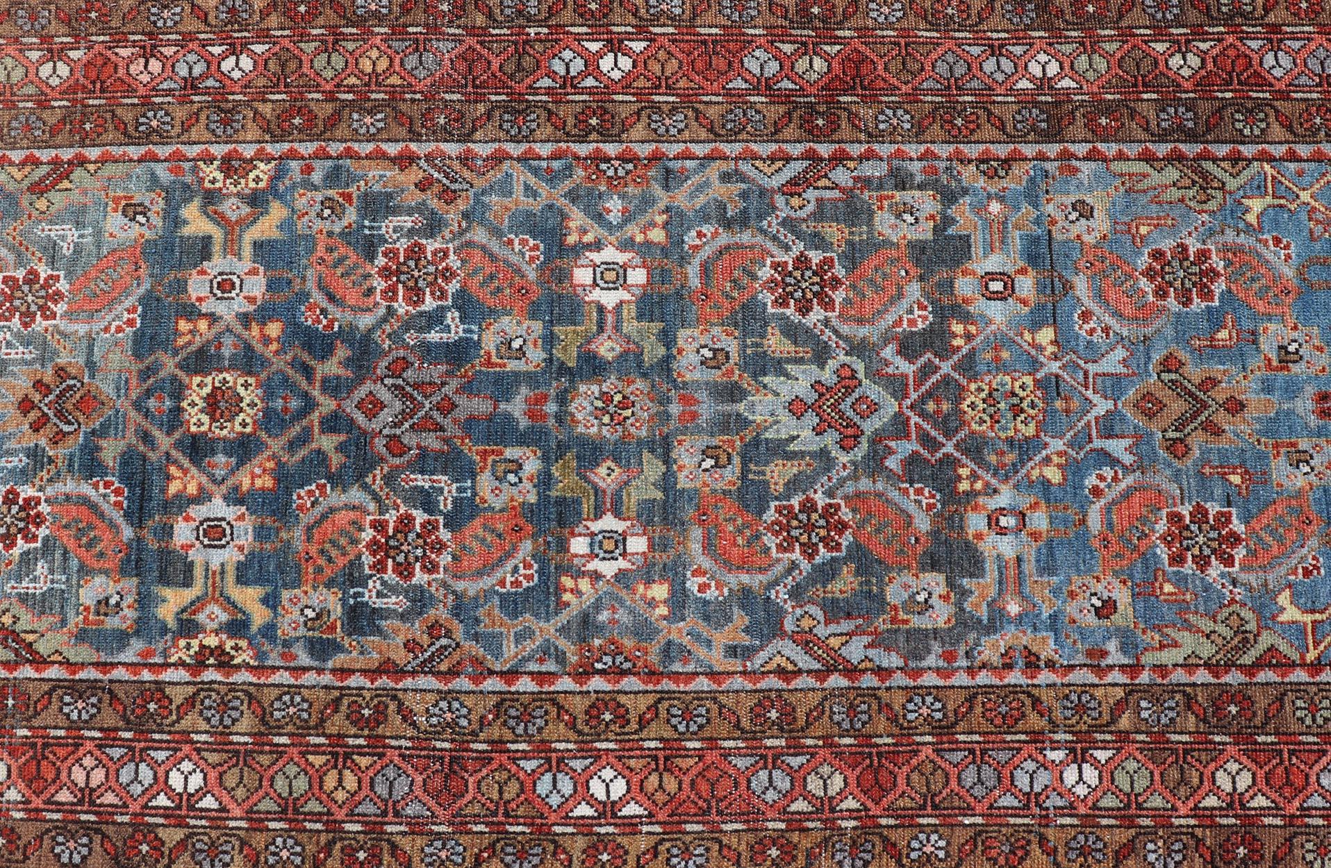 N.W. Persian Antique Runner with Geometric Florals Set on a Blue Field For Sale 2