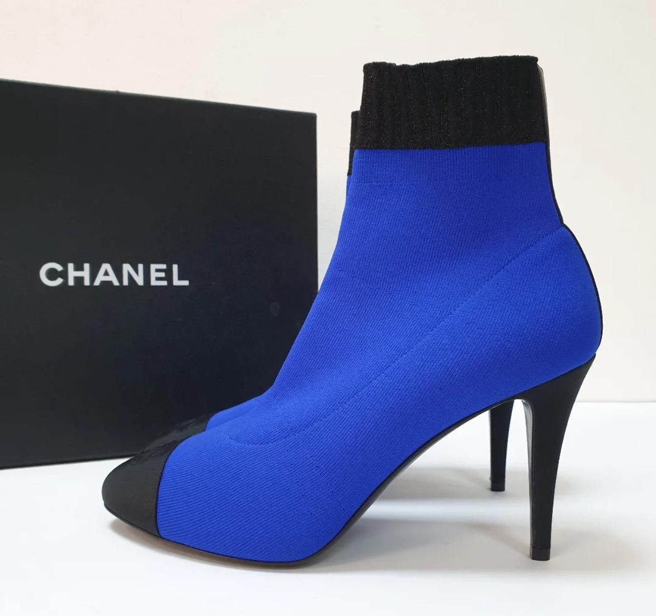 Women's NWOB CHANEL 2019 Cobalt Blue Sock Booties Sz.41 For Sale