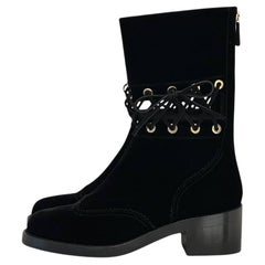 NWOB Chanel Black Velvet Lace Mid Calf Boots Sz 40.5