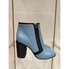 NWOB Chanel Blue Quilted Lambskin CC Heel Ankle Boots Sz. 41