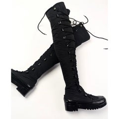 NWOB CHANEL CC Lace-Up Knee High Black Snow Boots - Size 40
