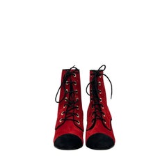 NWOB Chanel Red Suede 19K Block Heel Lace-Up Boots Sz.41