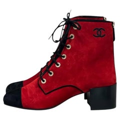 NWOB Chanel Red Suede 19K Block Heel Lace-Up Boots Sz.41