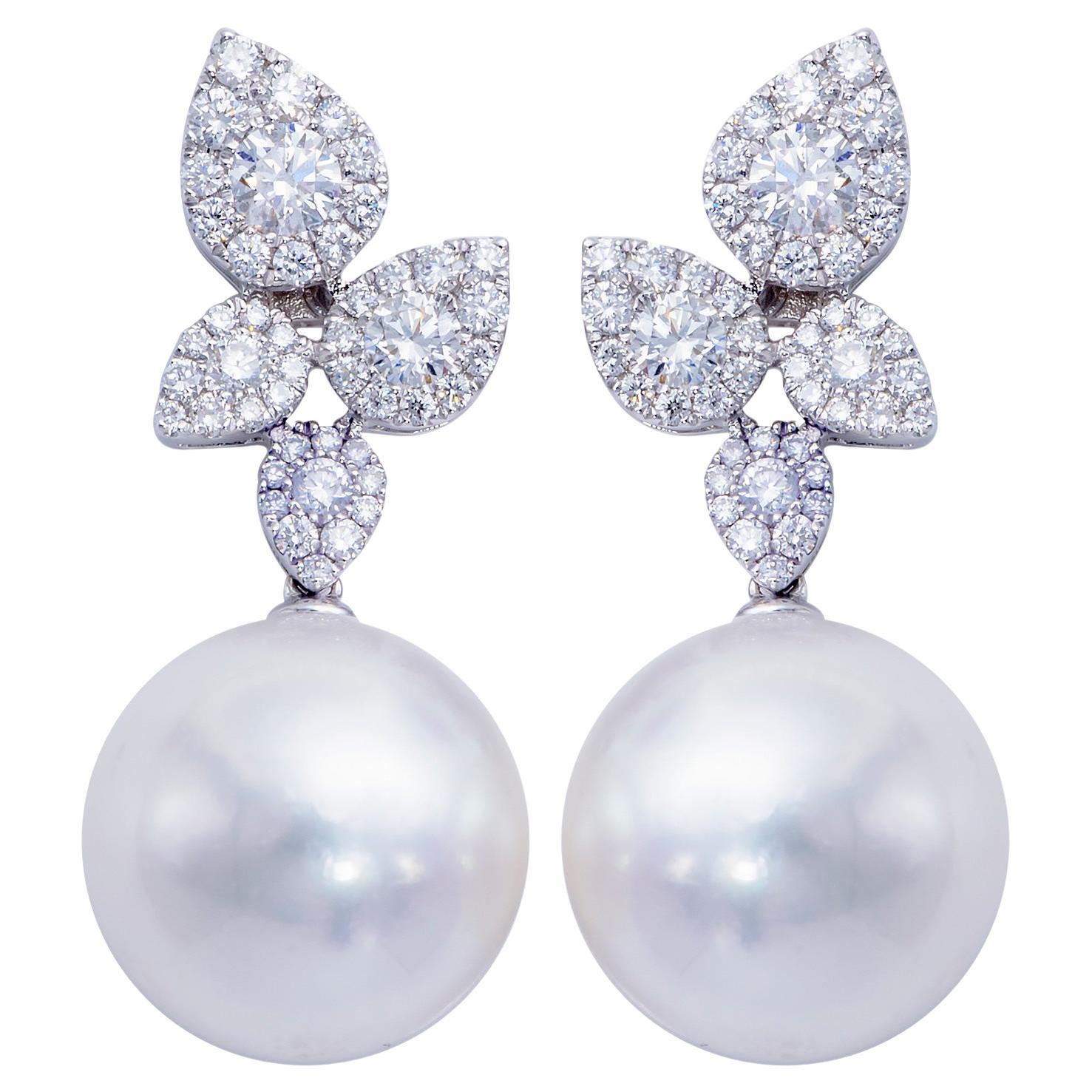 NWT $10, 500 Important 18KT South Sea Large Pearl Diamond Petal Dangle Earrings For Sale