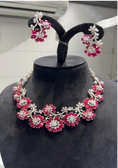NWT $100, 000 14KT Gold Gorgeous Fancy Flower Ruby Diamond Necklace Earrings Set