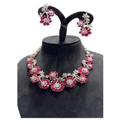 NWT $100, 000 14KT Gold Gorgeous Fancy Flower Ruby Diamond Necklace Earrings Set