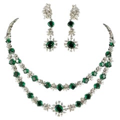 NWT $100, 000 Important 14KT Gold Large Emerald Diamond Necklace Earrings Set