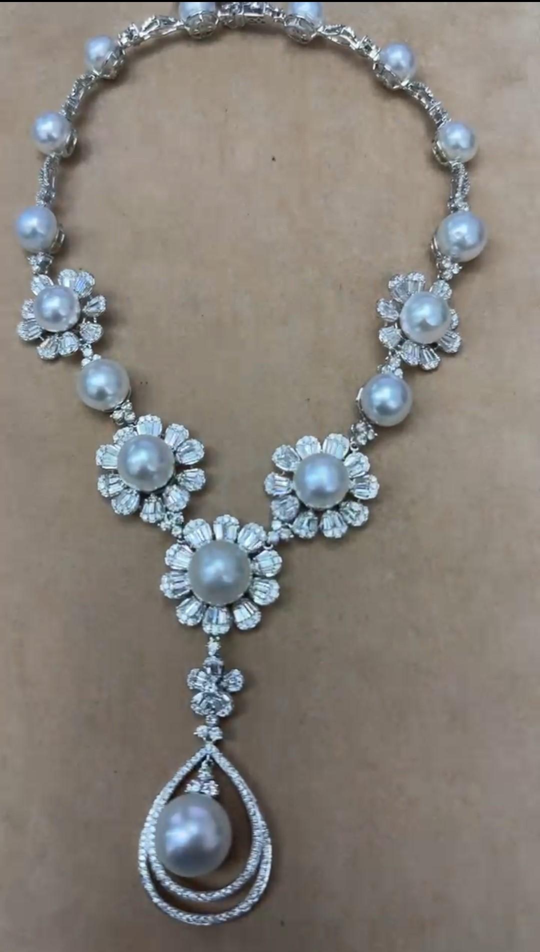 Mixed Cut NWT $104, 000 18KT Gold Magnificent South Sea Pearl Diamond Flower Drop Necklace For Sale