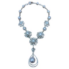 NWT $104, 000 Or 18KT Magnifique Perle des Mers du Sud Diamond Flower Drop Necklace