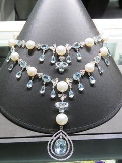 NEU $104, 000 18KT Große Südseeperlen-Aquamarin-Halskette mit Fancy-Diamant-Aquamarin, neu mit Diamanten