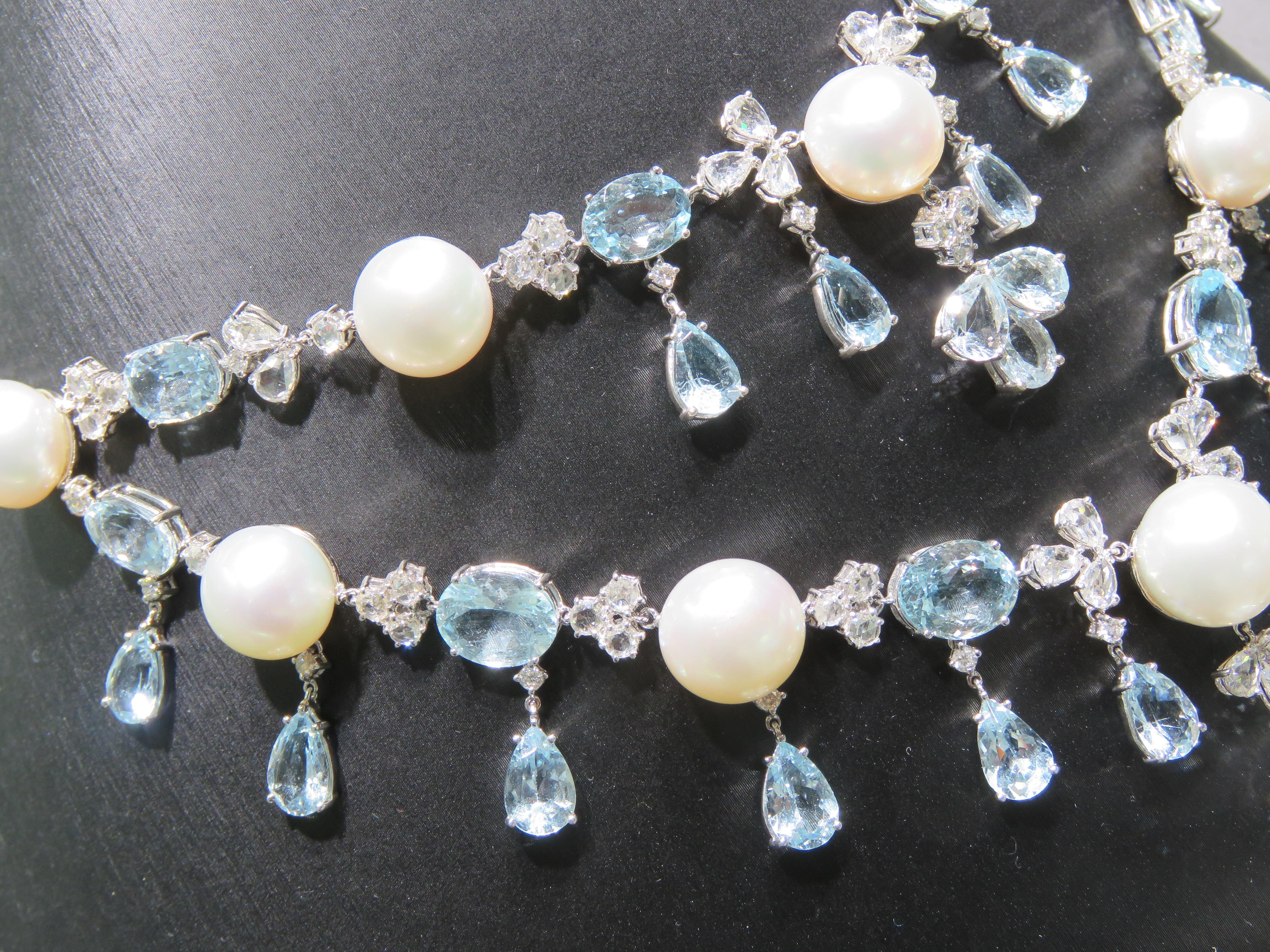 Mixed Cut NWT $104, 000 18KT Huge South Sea Pearl Fancy Diamond Aquamarine Necklace For Sale