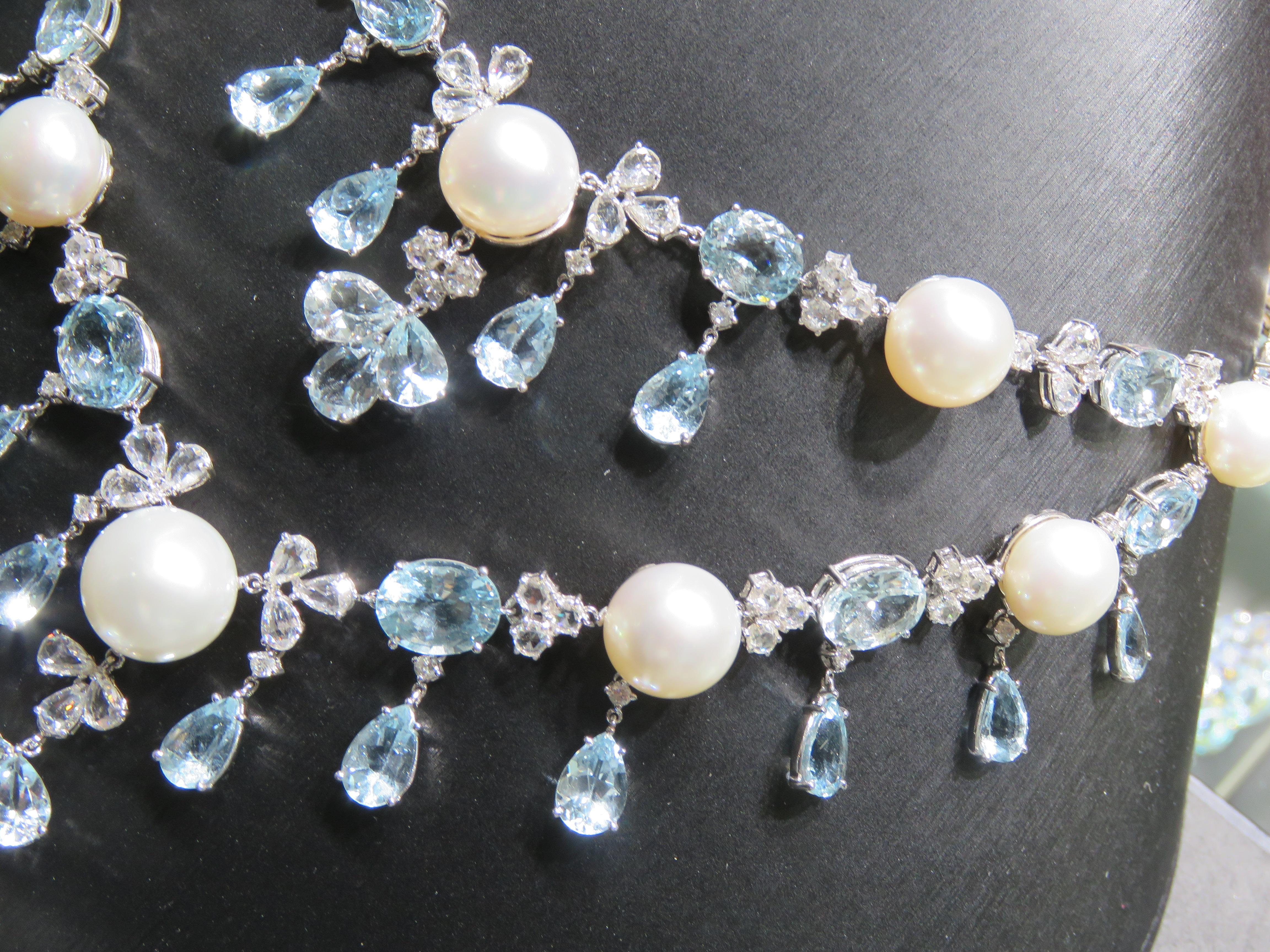 NWT $104, 000 18KT Huge South Sea Pearl Fancy Diamond Aquamarine Necklace In New Condition For Sale In New York, NY