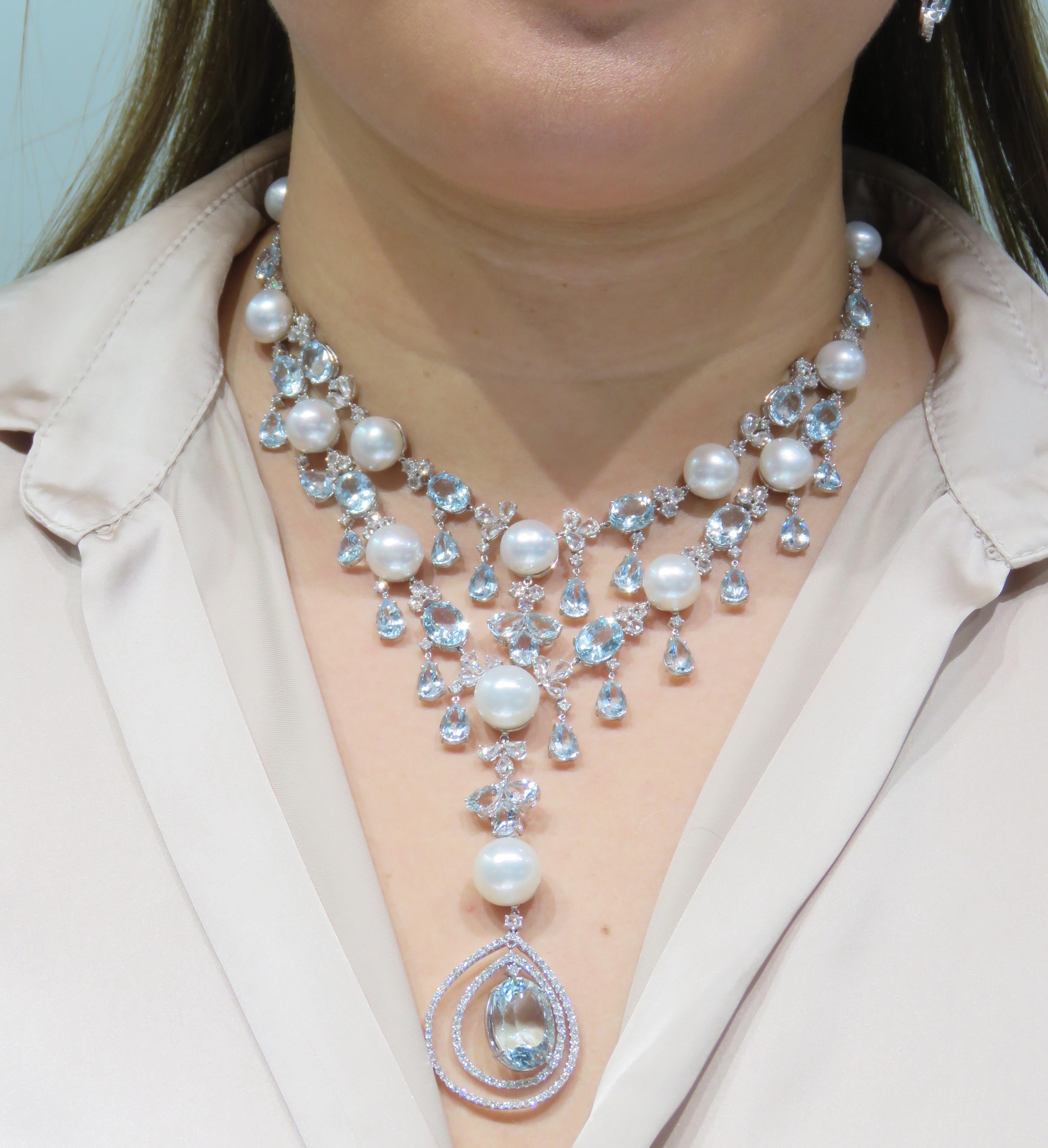 NWT $104, 000 18KT Huge South Sea Pearl Fancy Diamond Aquamarine Necklace For Sale 1
