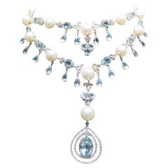 NWT $104, 000 18KT Huge South Sea Pearl Fancy Diamond Aquamarine Necklace