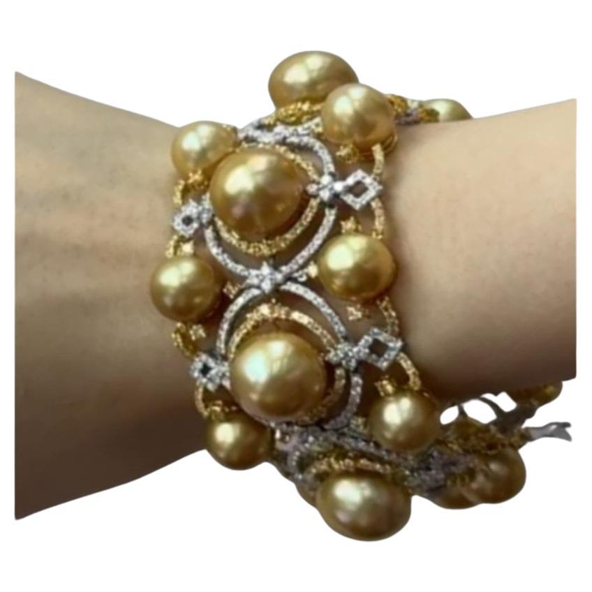 NWT 105, 000 Gorgeous 18KT Gold South Sea Pearl Fancy Yellow Diamond Bracelet For Sale