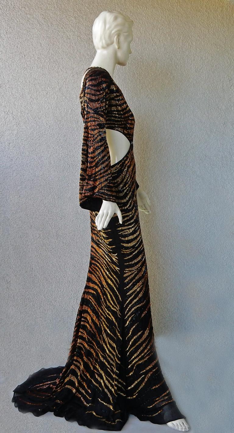 NWT $10.5K Roberto Cavalli Cut-Out Beaded Tiger Print Gown Dress In New Condition For Sale In Los Angeles, CA
