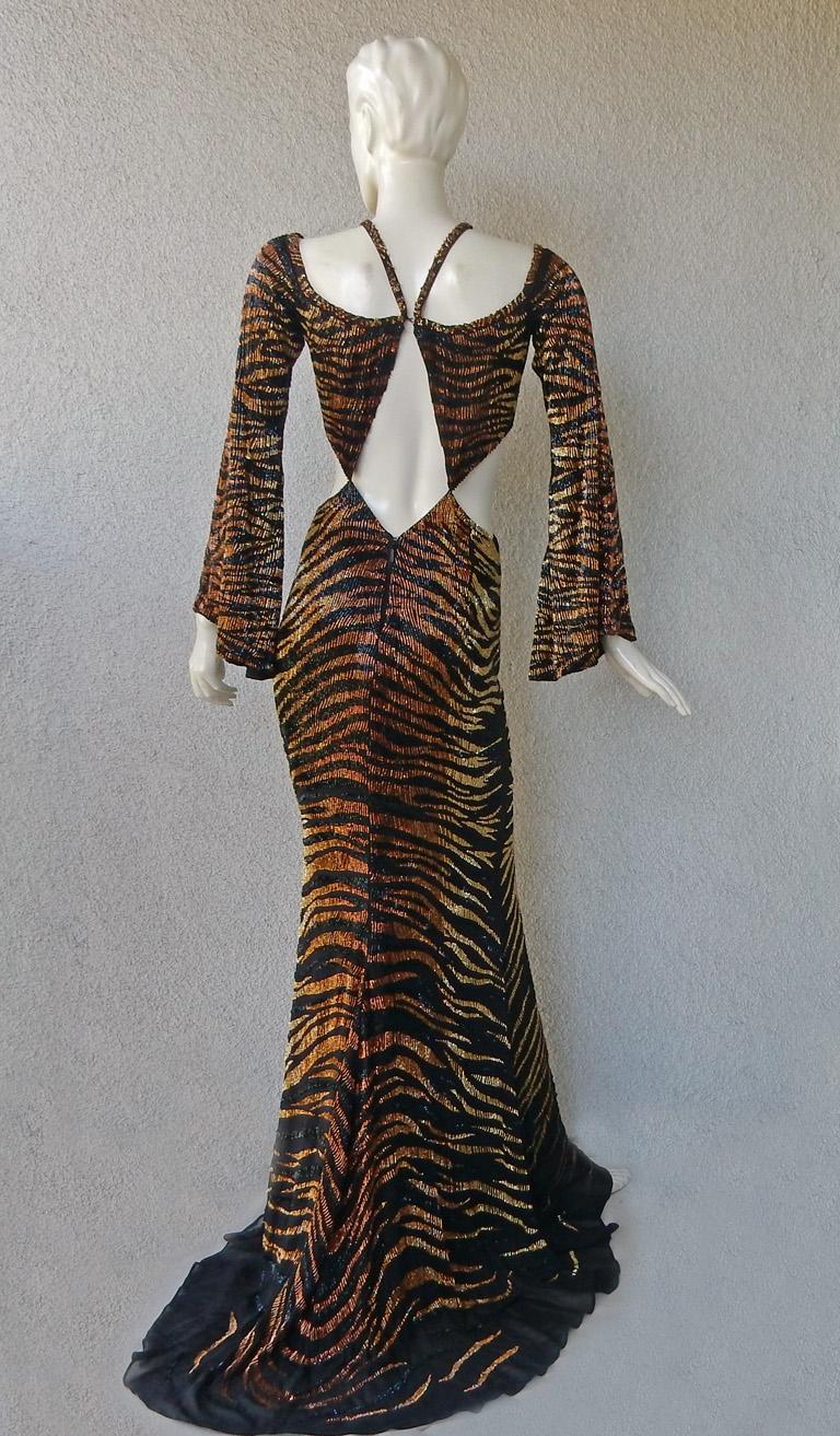 Black NWT $10.5K Roberto Cavalli Cut-Out Beaded Tiger Print Gown Dress For Sale