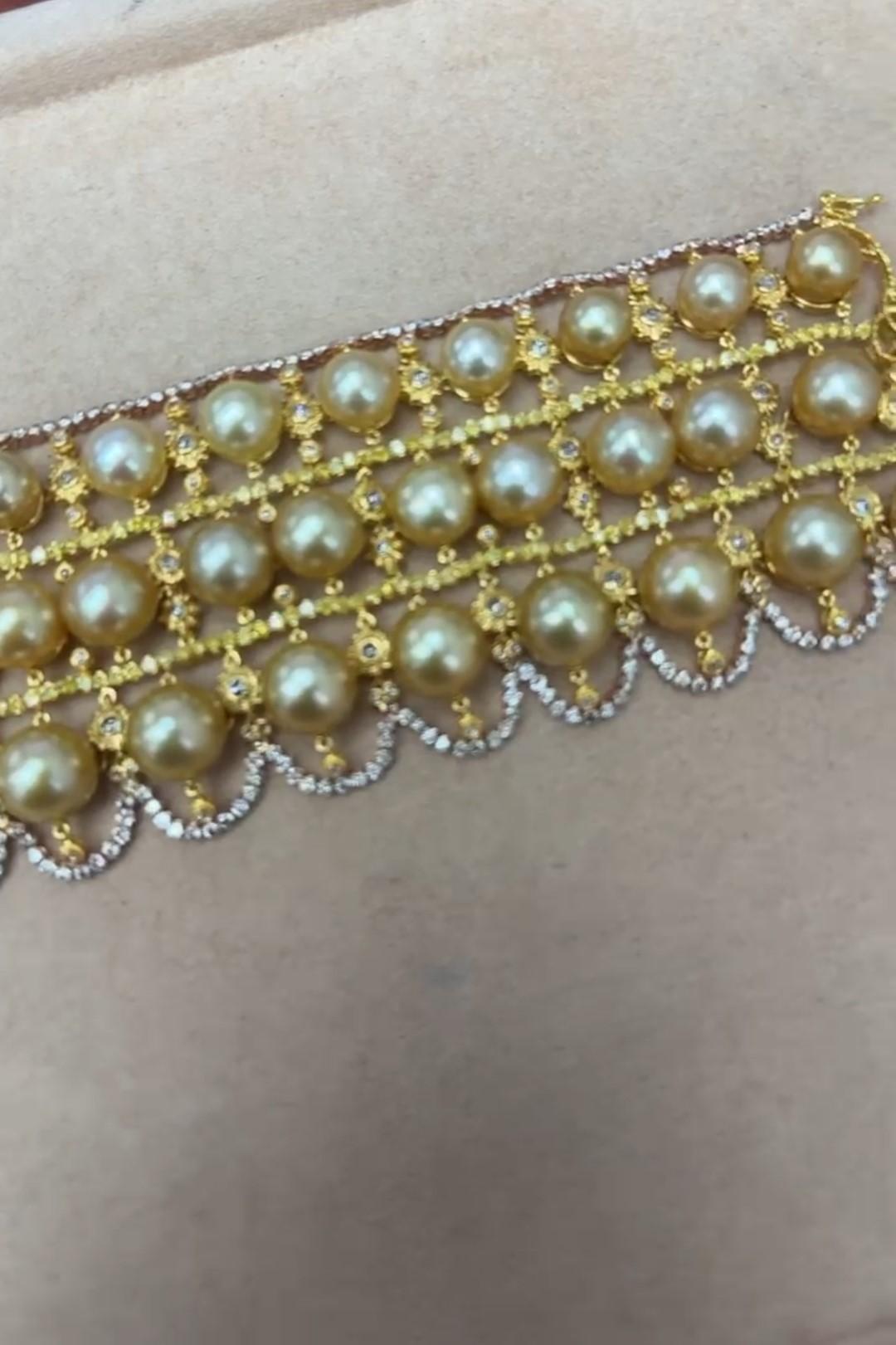 Mixed Cut NWT $108, 500 Gorgeous 18KT Gold South Sea Pearl Fancy Yellow Diamond Bracelet For Sale
