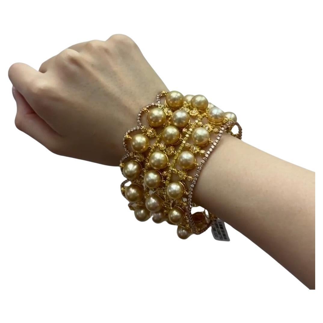 NWT $108, 500 Gorgeous 18KT Gold South Sea Pearl Fancy Yellow Diamond Bracelet For Sale