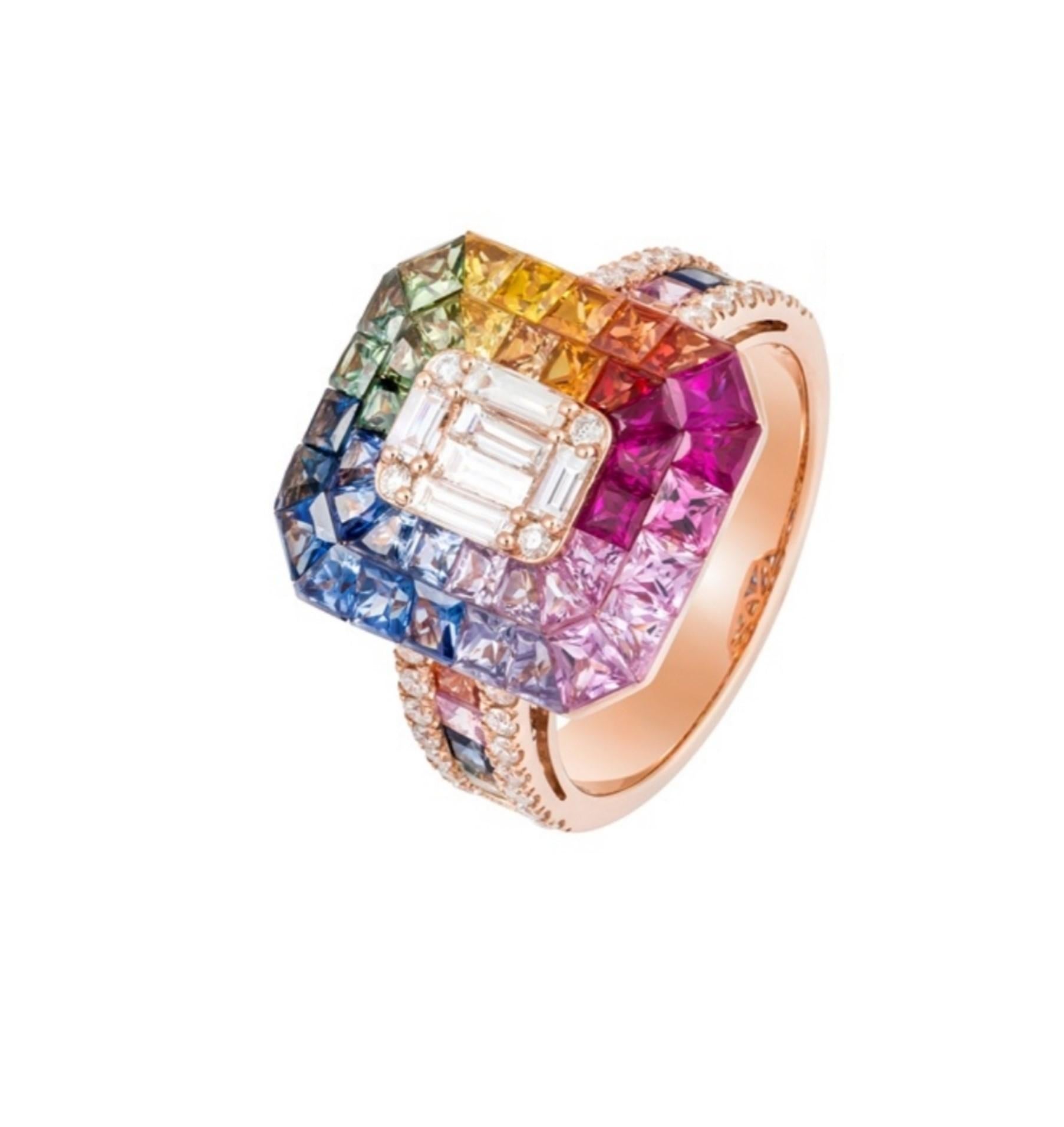El siguiente artículo que ofrecemos es este Raro e Importante Anillo de Diamantes y Zafiro de Color Fantástico en Oro de 18 KT. ¡El anillo contiene aproximadamente 3,50 quilates de hermosos zafiros y diamantes talla princesa de color fantasía!