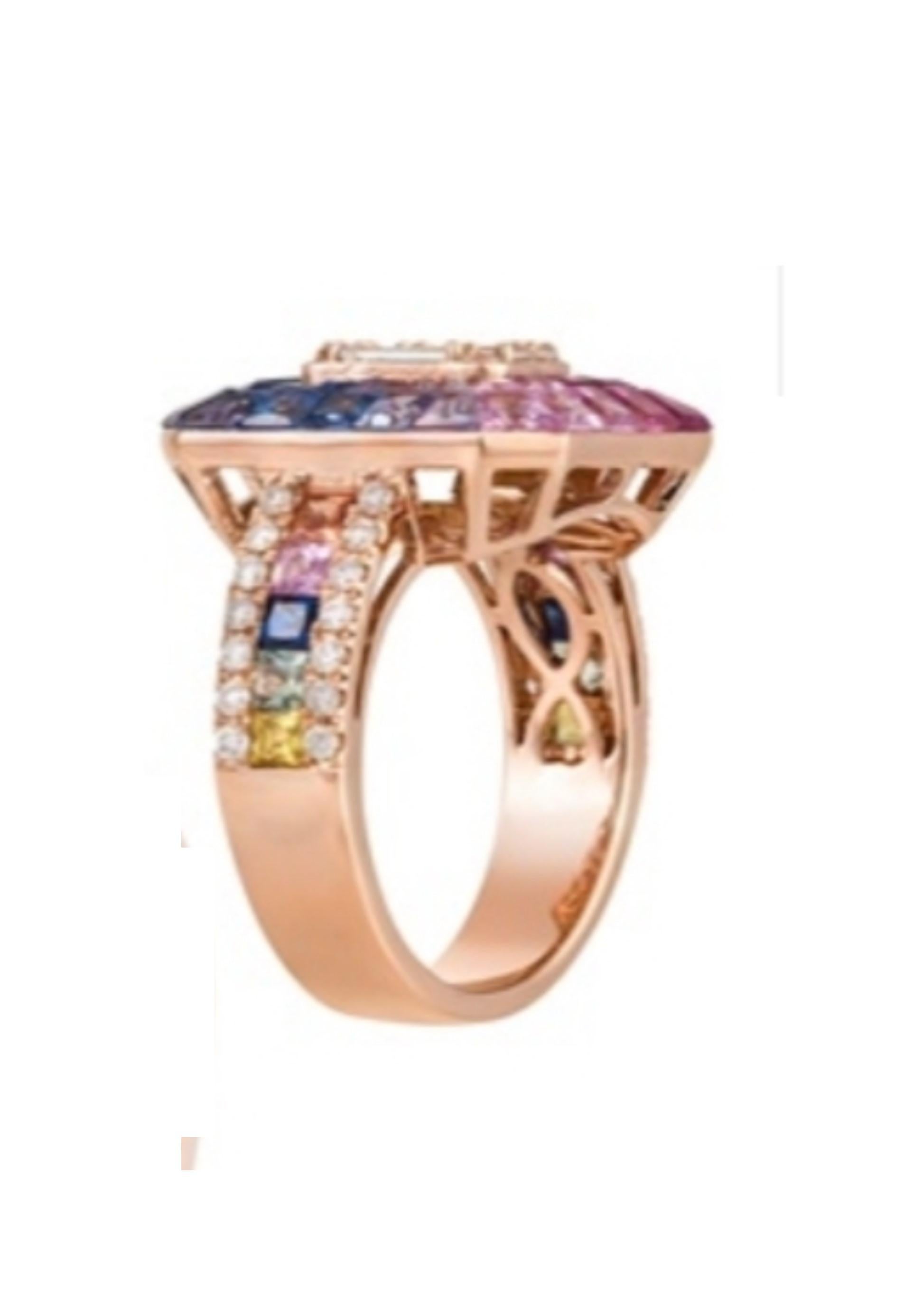 NWT $11, 000 Anillo de diamantes con pavé de zafiro arco iris de fantasía en oro de 18 quilates de gran brillo Corte mixto en venta