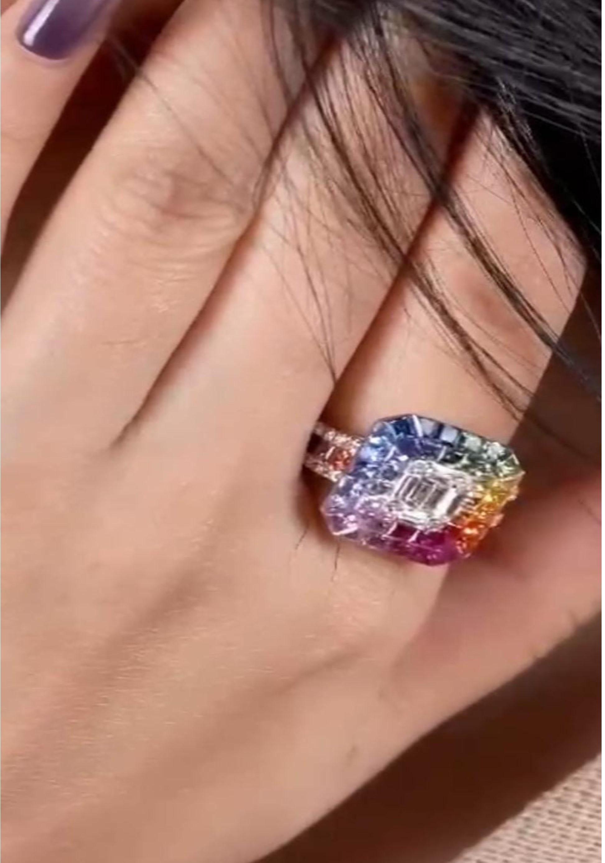 NWT $11, 000 Anillo de diamantes con pavé de zafiro arco iris de fantasía en oro de 18 quilates de gran brillo en Nuevo estado para la venta en New York, NY