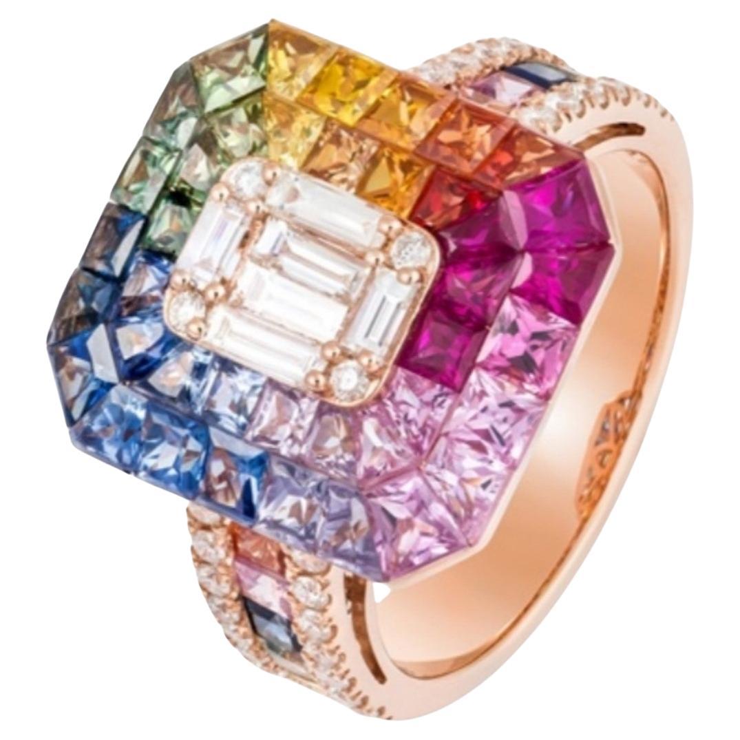 NWT $11, 000 18KT Gold Large Glittering Fancy Rainbow Sapphire Pave Diamond Ring