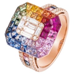 NWT $11, 000 18KT Gold Large Glittering Fancy Rainbow Sapphire Pave Diamond Ring