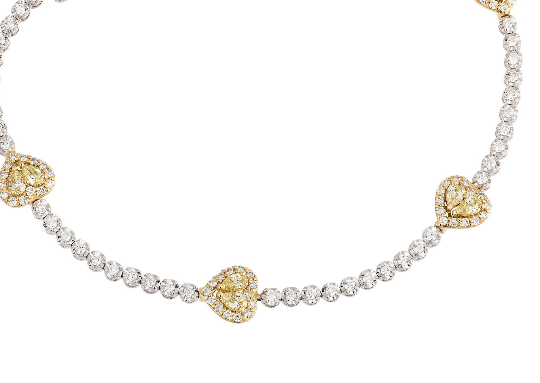 Mixed Cut NWT $11, 000 18KT Large Fancy Glittering Yellow Diamond Heart Tennis Bracelet For Sale