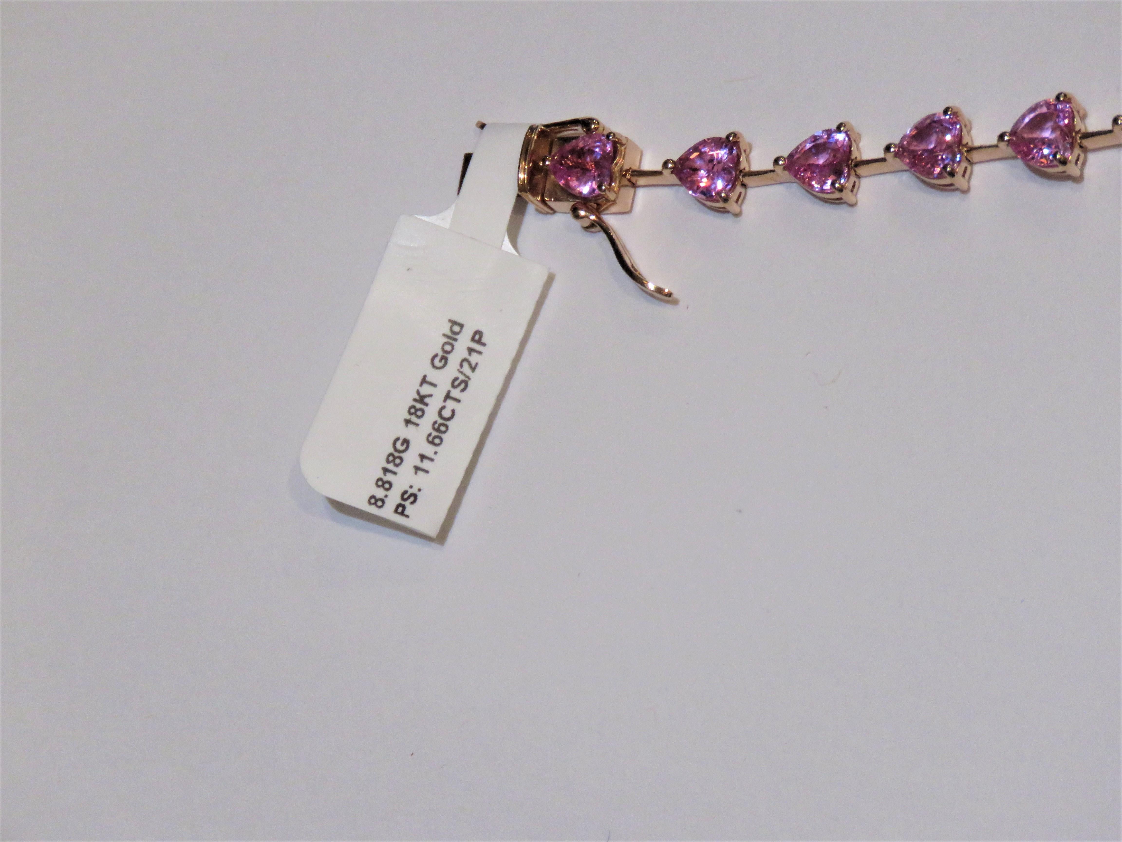 NWT $11, 500 18KT Fancy Glittering Fancy Heart Pink Sapphire Tennis Bracelet In New Condition For Sale In New York, NY