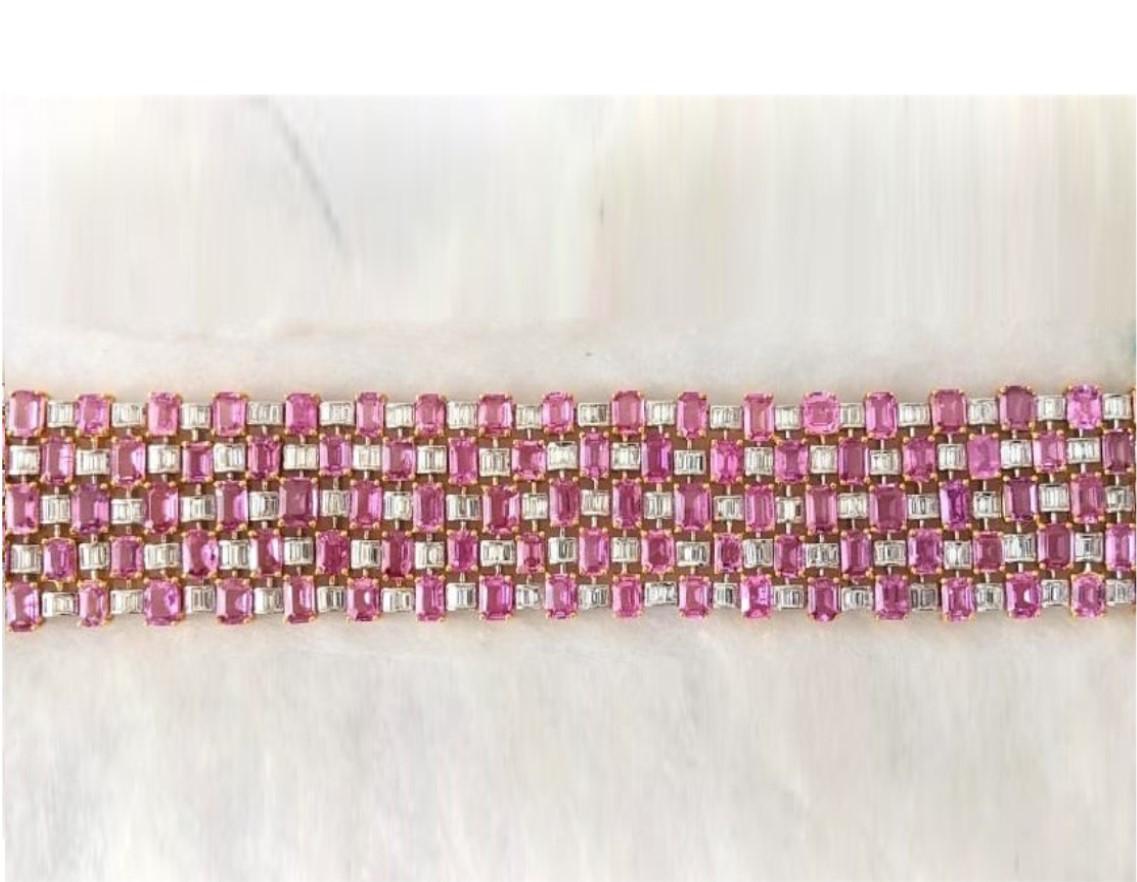 Mixed Cut  NWT $110, 000 18KT Fancy Large Glittering Fancy Pink Sapphire Diamond Bracelet For Sale