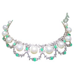NWT $113, 900 18KT Huge South Sea Pearl Fancy Diamond Emerald Cabochon Necklace