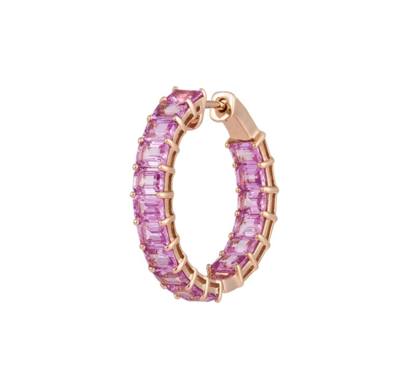 Die folgenden Elemente, die wir anbieten, ist diese seltene wichtige Radiant 18KT Gold Gorgeous Glittering und Sparkling Magnificent Fancy Emerald Cut Pink Sapphire Hoop Earrings. Ohrringe enthalten ca. 13,25CTS der schönen Fancy Emerald Cut Pink