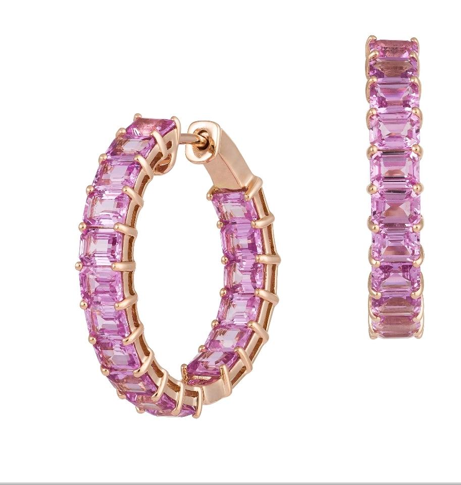 NWT 11, 500 18KT Fancy Large Glittering Fancy Pink Sapphire Hoop Earrings For Sale