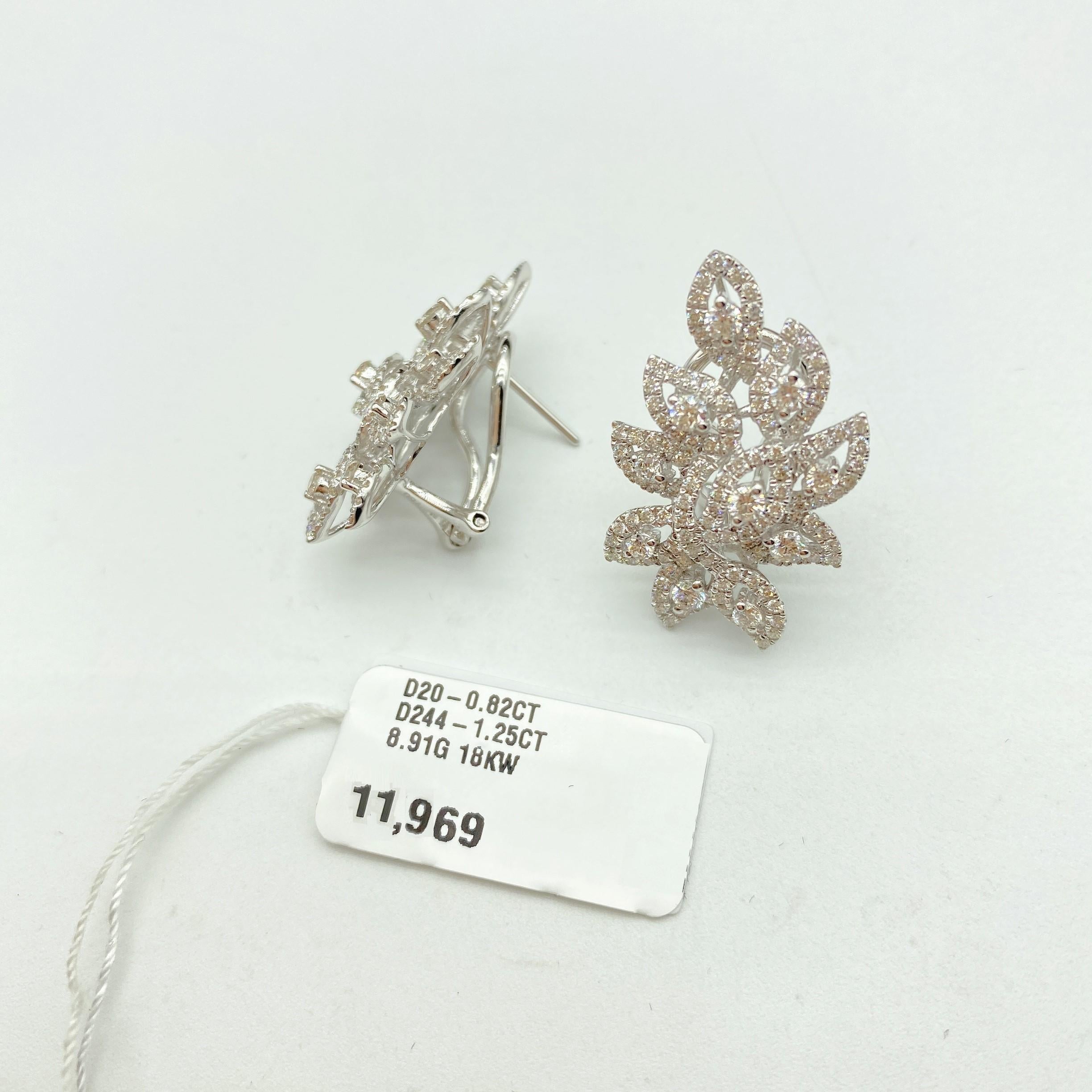 Round Cut NWT $11, 969 18KT Gold Rare Fancy Gorgeous Glittering Leaf Diamond Earrings For Sale