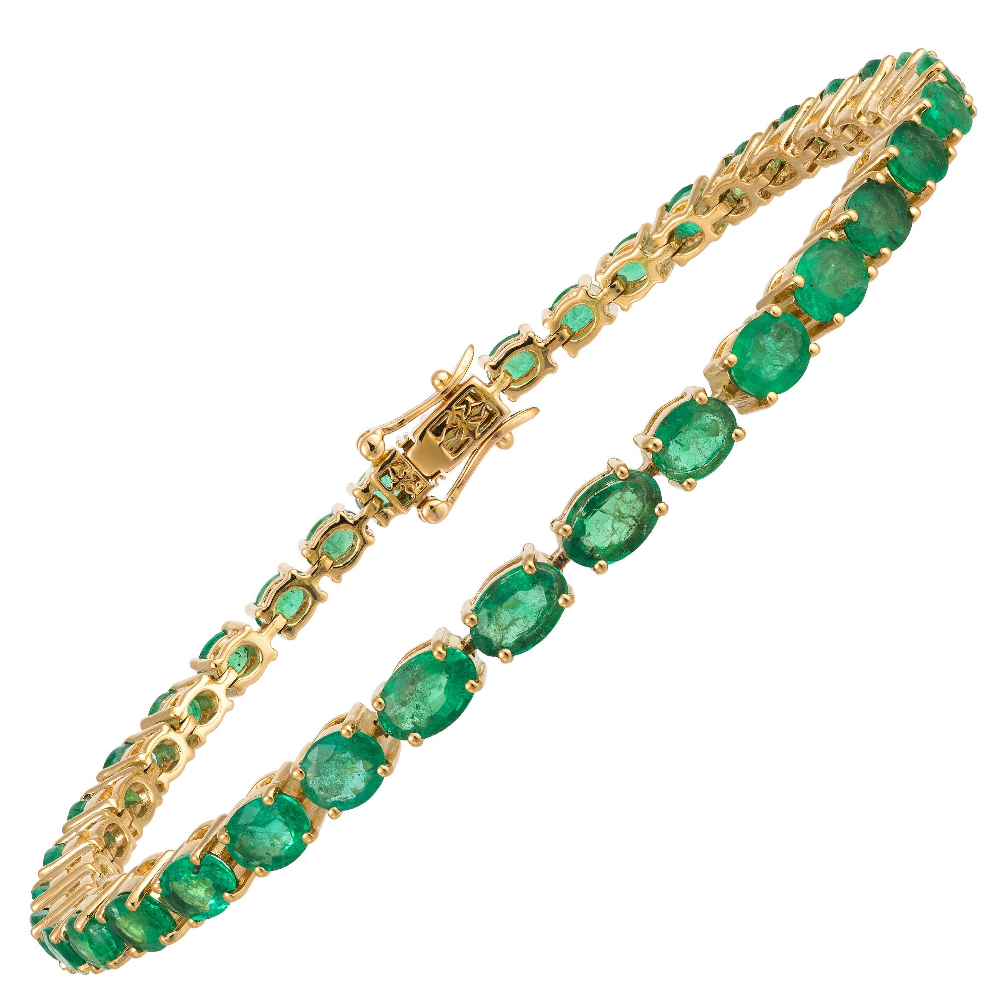 Emerald Cut NWT $12, 500 18KT Gold Fancy Glittering Large Green Emerald Tennis Bracelet For Sale