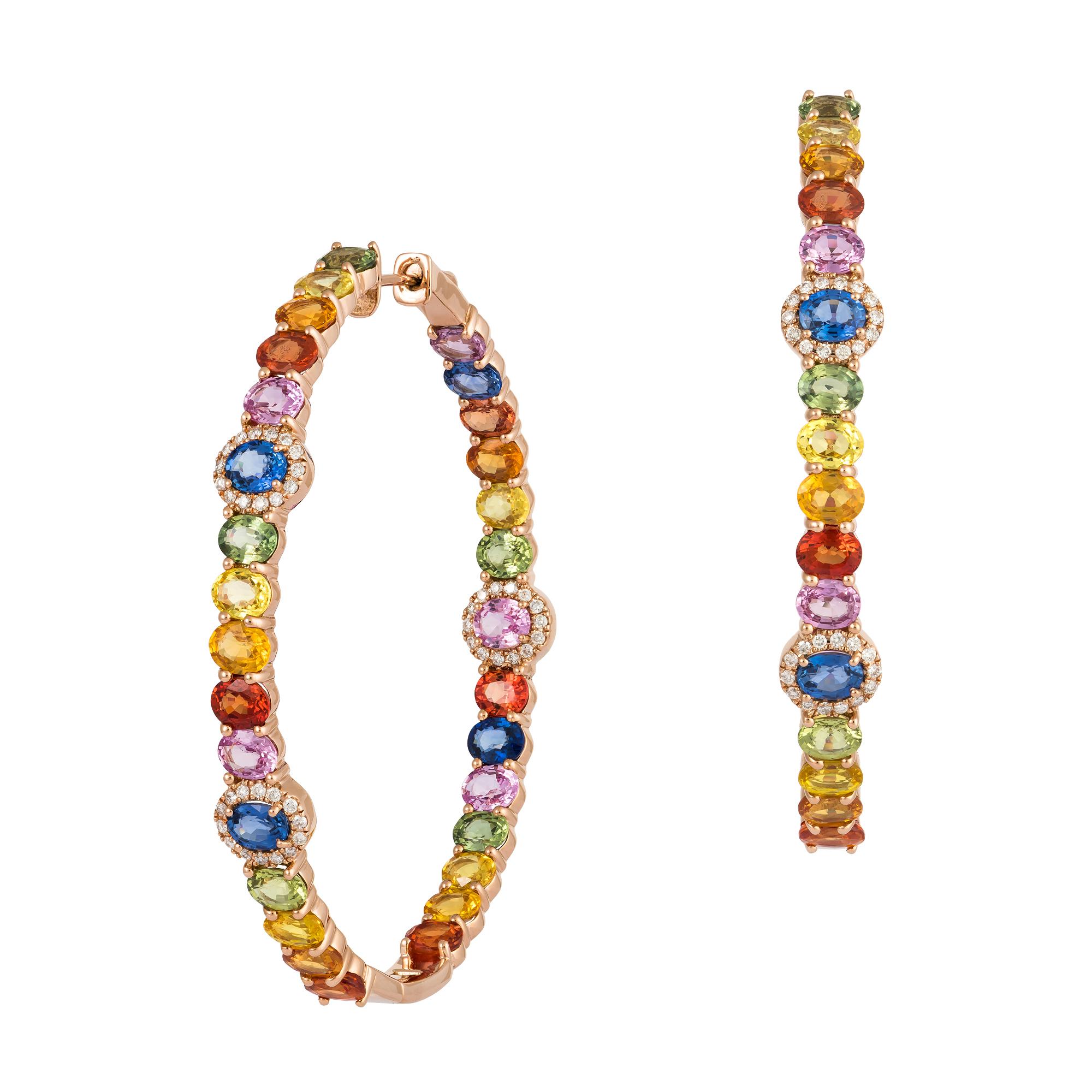 The Following Items we are offering is this Rare Important Radiant 18KT Gold Gorgeous Glittering and Sparkling Magnificent Fancy Rainbow Multi Color Sapphire Hoop Earrings. Earrings contain approx 12.50CTS of Beautiful Fancy Color Sapphires and