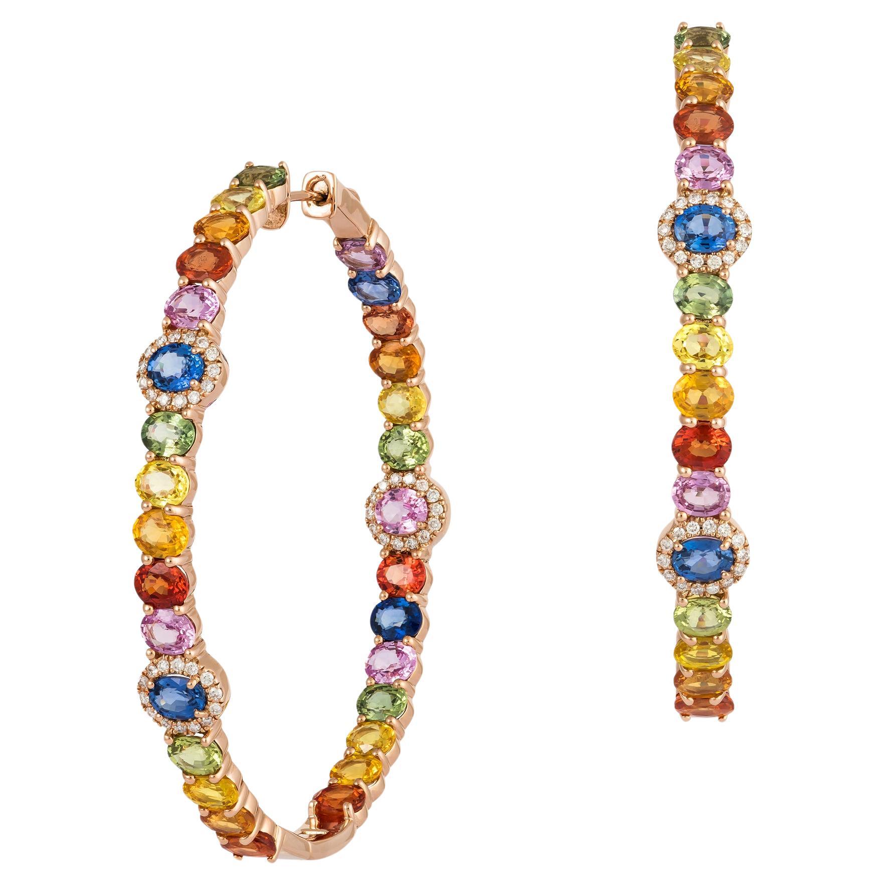 NWT $12, 500 18KT Gold Fancy Large Glittering Fancy Color Sapphire Hoop Earrings For Sale
