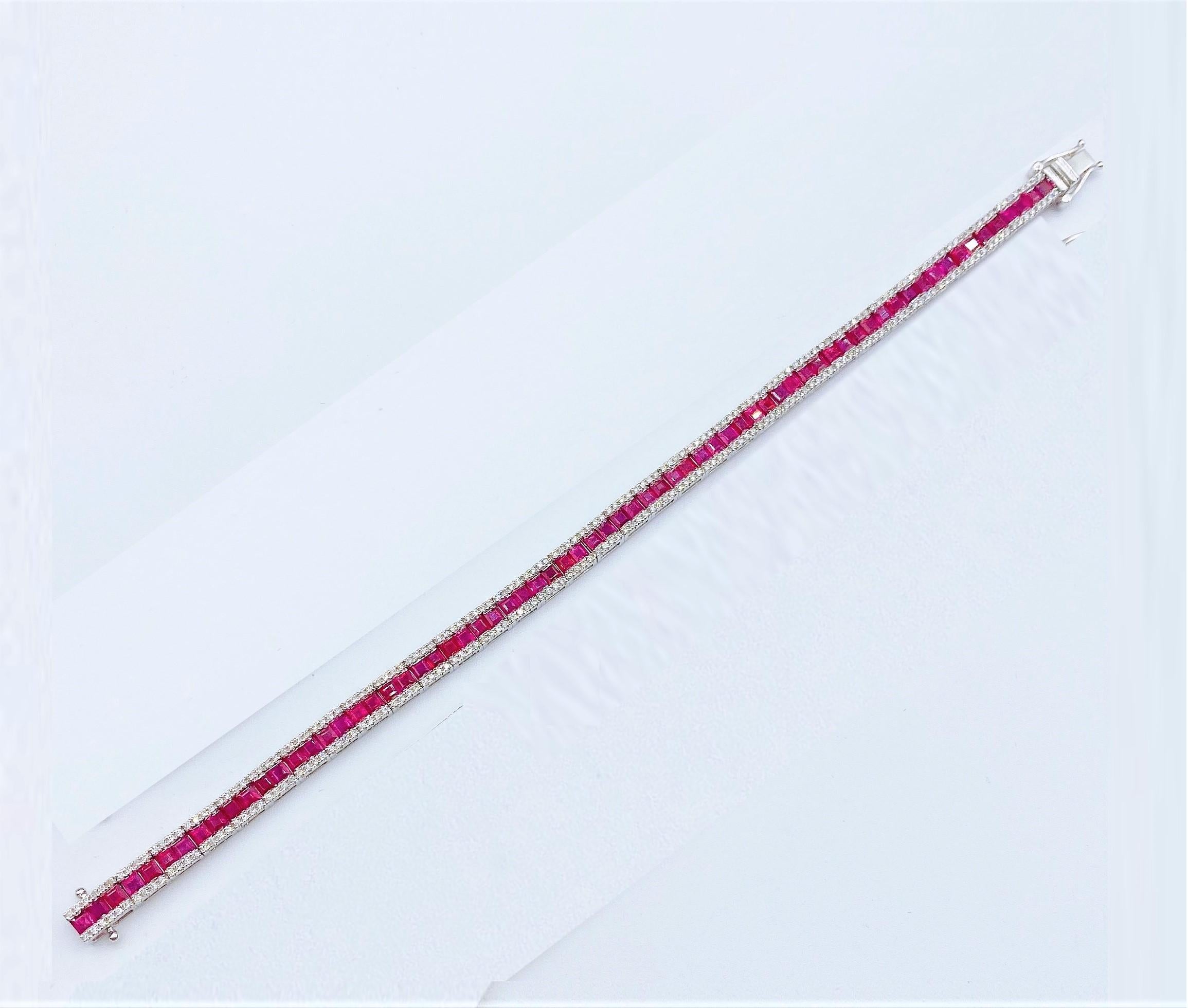 Mixed Cut NWT $12, 249 18KT Gold Gorgeous 7.50CT Princess Cut Ruby Diamond Tennis Bracelet For Sale