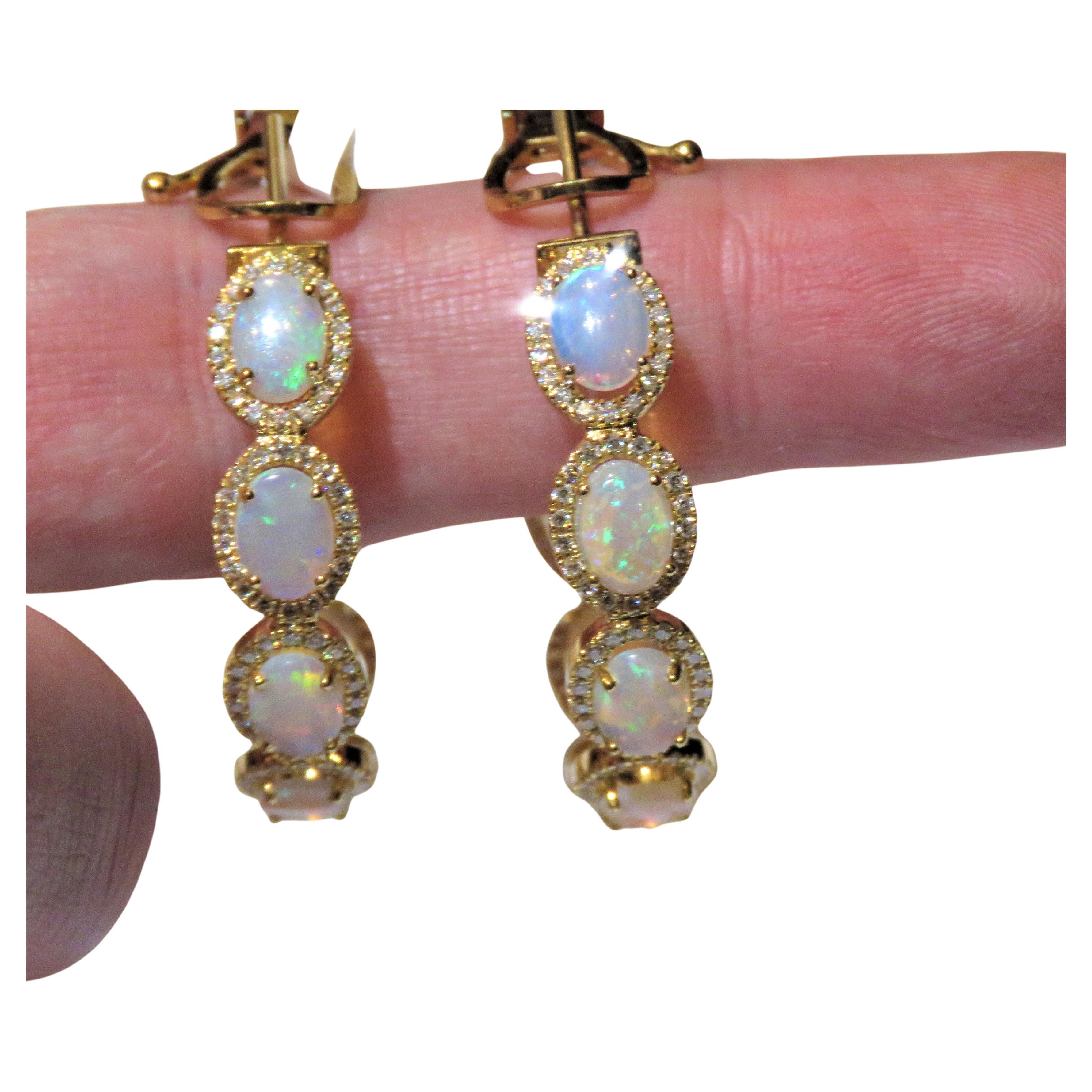 NWT $12, 500 Magnificent 18KT Gold Large 9CT Fancy Opal Diamond Hoop Earrings For Sale