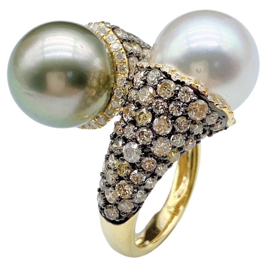 NWT $12, 779 18KT Rare South Sea Pearl Tahitian Yellow Diamond Crossover Ring For Sale