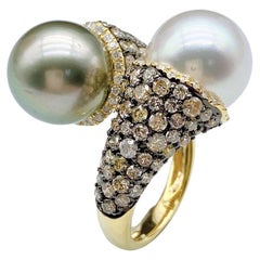 NWT $12, 779 18KT Rare South Sea Pearl Tahitian Yellow Diamond Crossover Ring