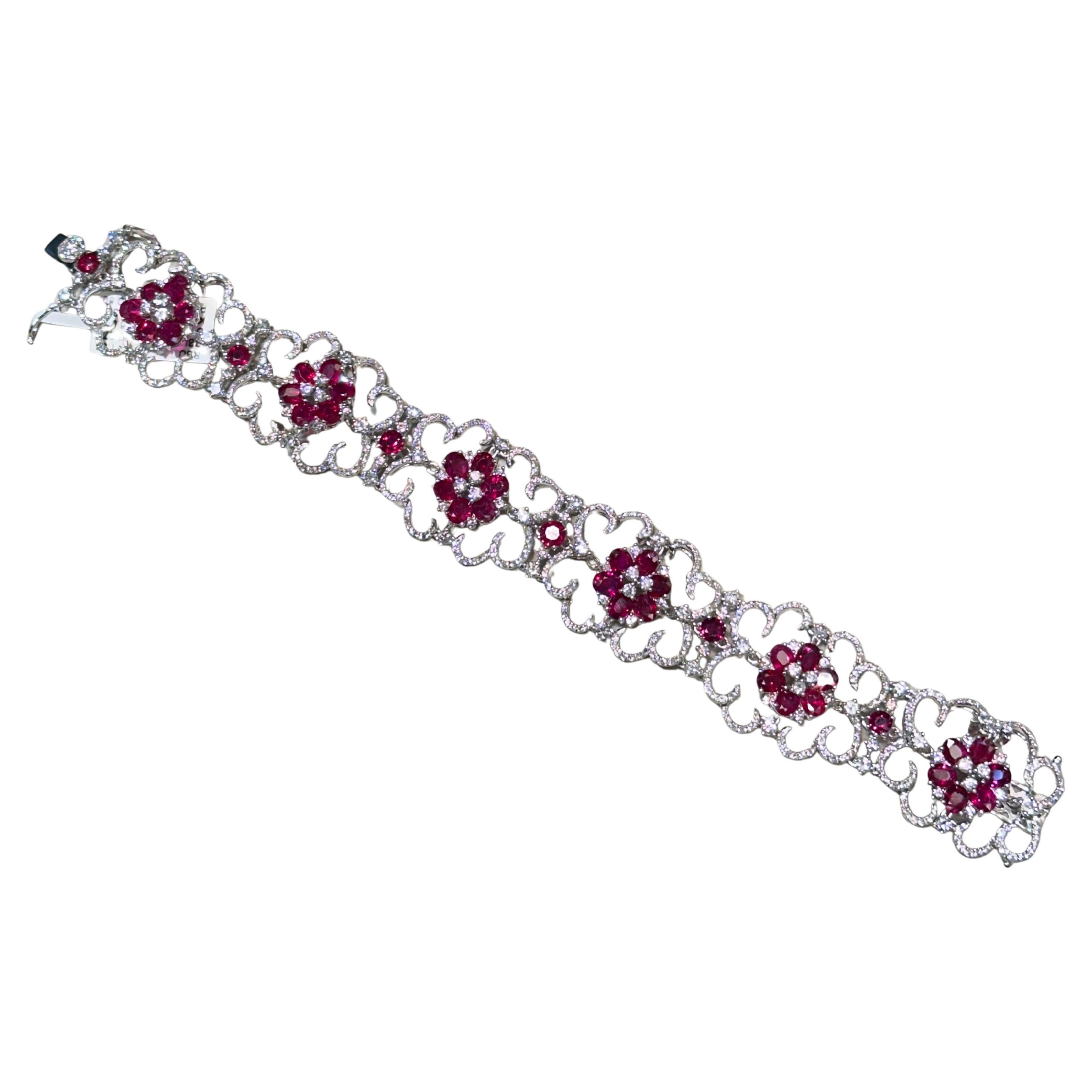 NWT $130, 000 Fancy 18KT Gold 22CT Gorgeous Burmese Flower Ruby Diamond Bracelet