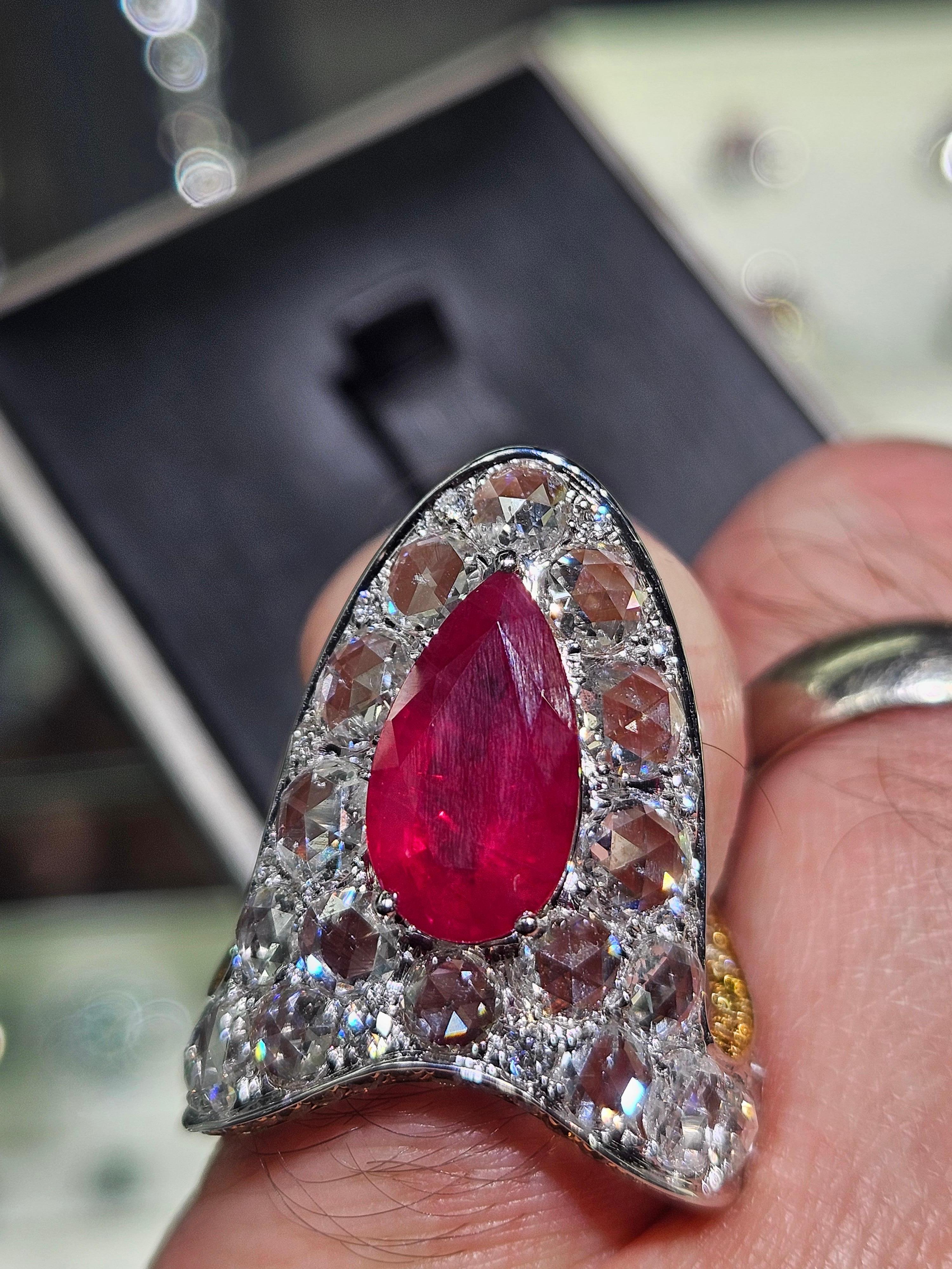 Mixed Cut NWT $130, 600 Fancy Large 18KT Gold Glittering Ruby Rose Diamond Cocktail Ring For Sale