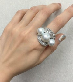 NWT $13, 000 Important 18KT Gold Fancy Triple 3 South Sea Pearl Diamond Ring