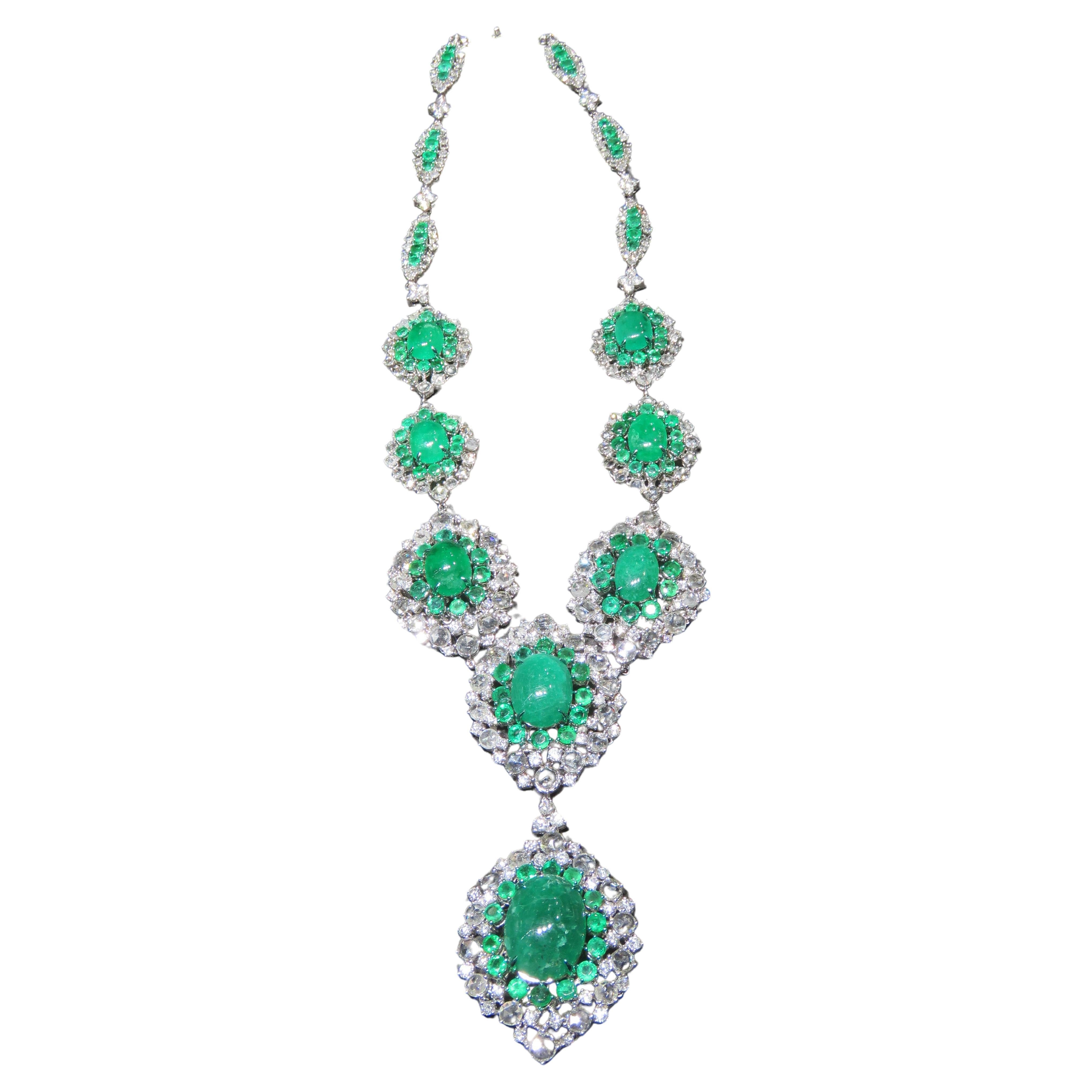 NWT $134, 000 18KT Gold Rare Important Fancy 70CT Emerald Diamond Drop Necklace For Sale